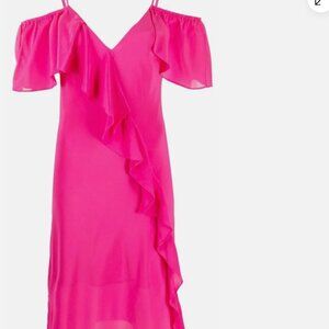 $290 New GOLD HAWK Victoria Ruffle Shoulder Dress WOMEN XSPink 100% Silk
